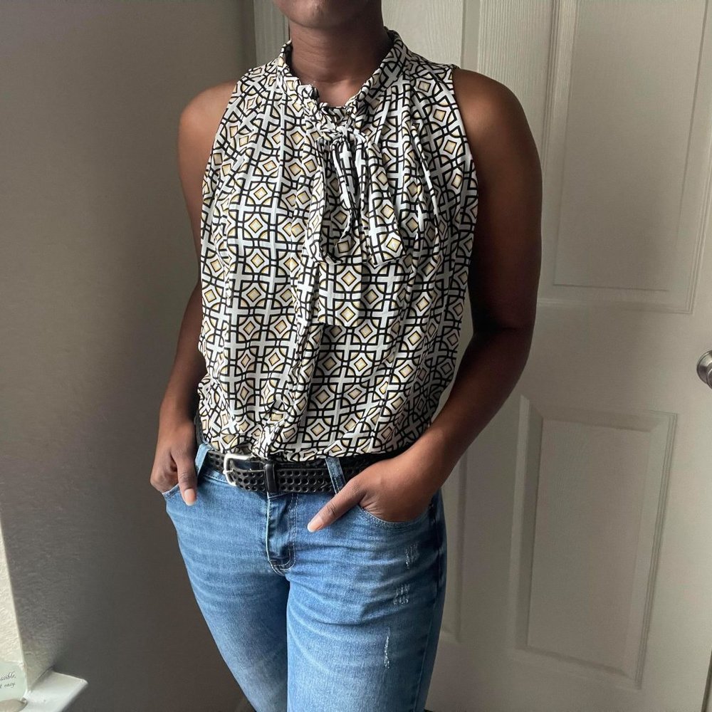 Sleeveless Sophisticated Geometric Pattern Button Down Blouse Women's Fashion